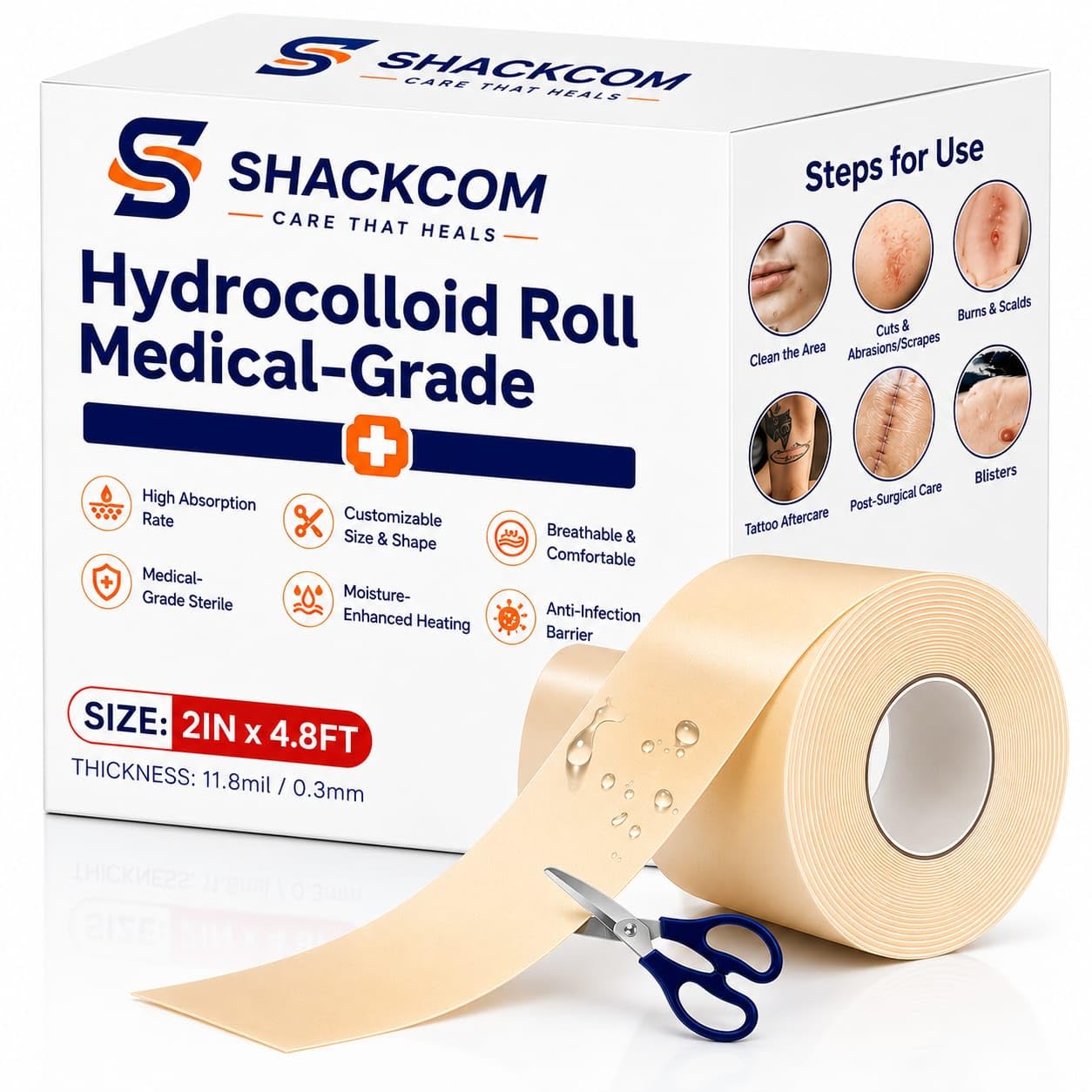 Hydrocolloid Roll Dressing Tape, Medical Grade Wound Care Bandage, Waterproof Adhesive Patch Roll for Blisters, Burns, Scrapes & Post-Surgical Care, 2 Inch x 4.8 Ft-image-47