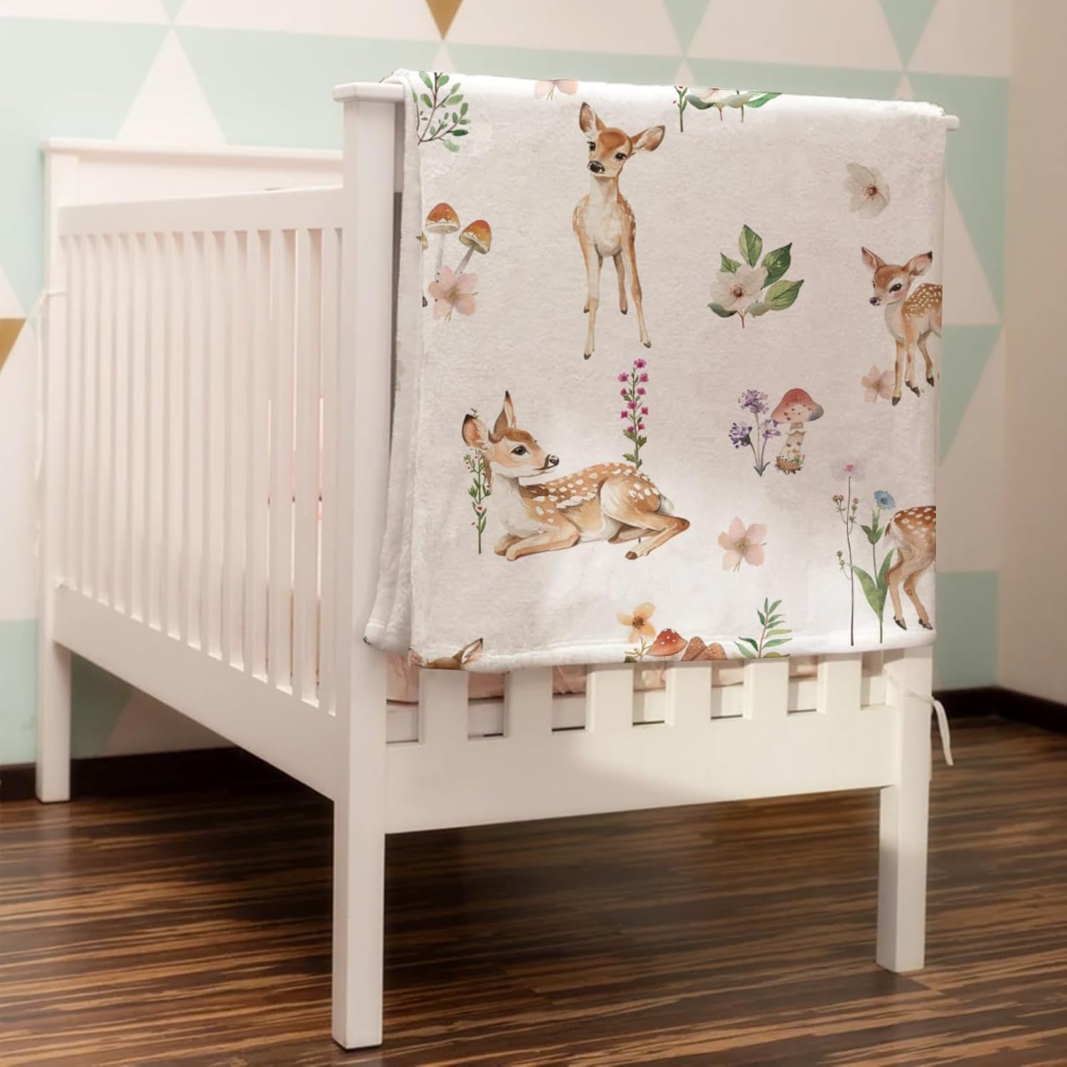 Spring Animal Baby Blanket for Boy Girl Deer Mushroom Flowers Leaves Forest Flannel Soft Swaddle Blanket Lightweight Receiving Blanket Newborn Nursery Bed Blanket for Crib Stroller