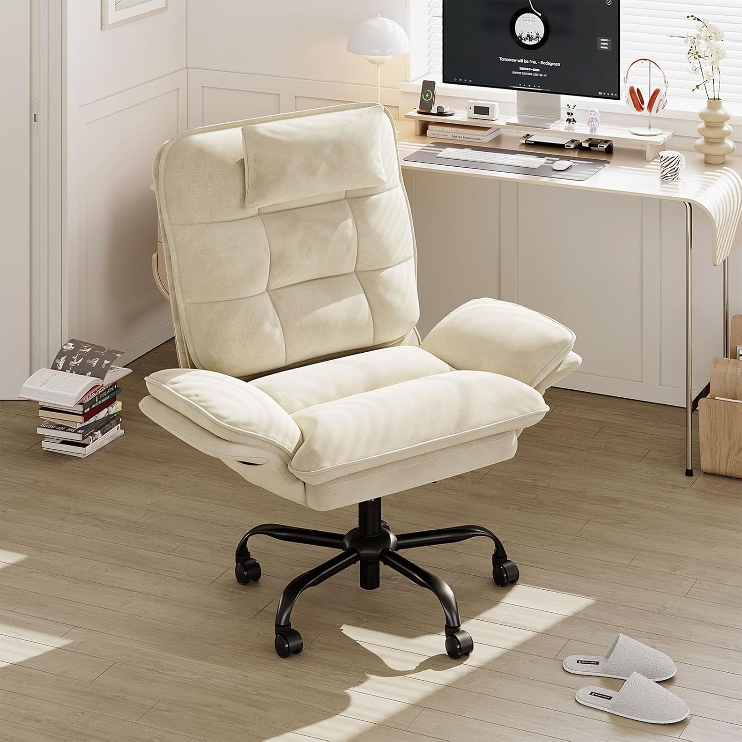 Bestier Criss Cross Chair with Flip Armrests, Big and Tall Office Chair for Cross Legged Sitting, Reclining Computer Chair with Side Pockets & Headrest – Beige
