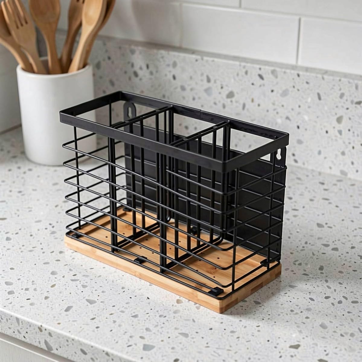 PRETYZOOM Organisateur de Couverts Rustique en Bois et Fer, Fixation