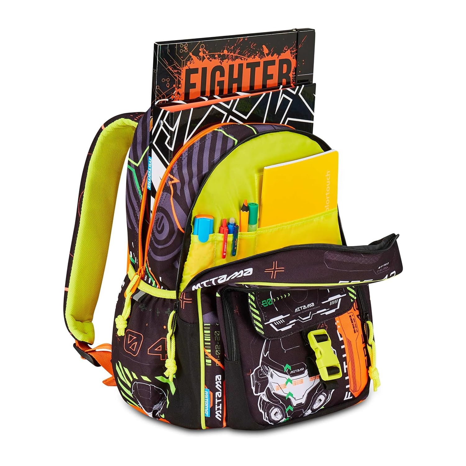Mitama Zaino Scuola FLUO BATTLE, New Plus, Triplo Scomparto, Tasche Porta Borraccia, Spallacci Ergonomici, Scuola Elementare Bambino, Media