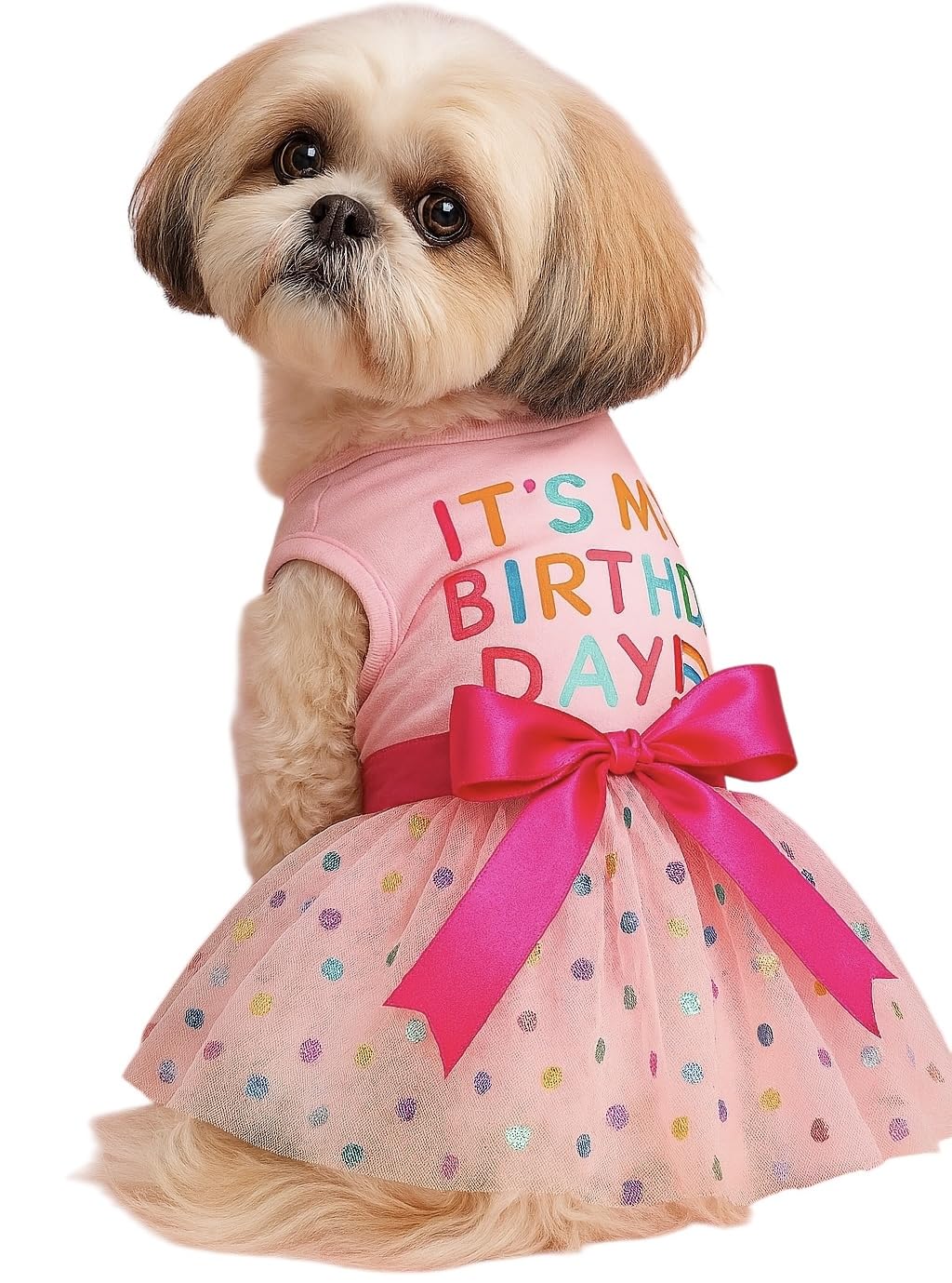 KUTKUT Small Dog Dress Birthday Clothes for Small Dogs & Cats,Polka Colorful Print Mesh Girl Dog Dress,Summer Tutu Princess Pet Puppy Clothing (Size:M,Chest: 40cm) Only for Small Breed,pink,1 count-image-23