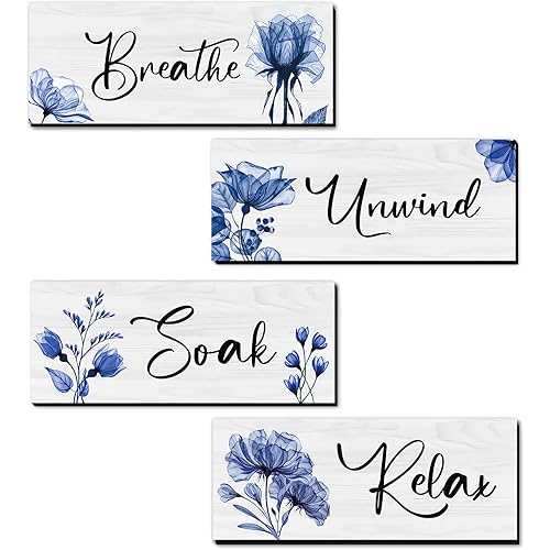 4 Pieces Rustic Farmhouse Wall Art - Relax Soak Unwind Breathe Wood Hanging Sign for Home Spa Bathroom Laundry Decor