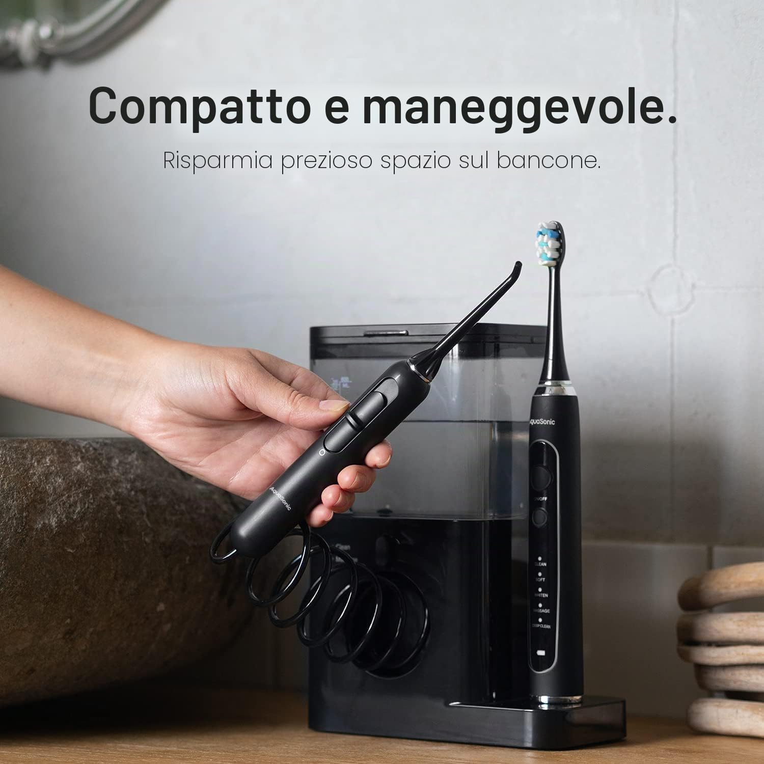 Aquasonic Home Dental Center PRO - Spazzolatura e filo interdentale reso facile - Spazzola e filo interdentale - Spazzolino elettrico e filo interdentale - Denti più bianchi e gengive più sane - Black