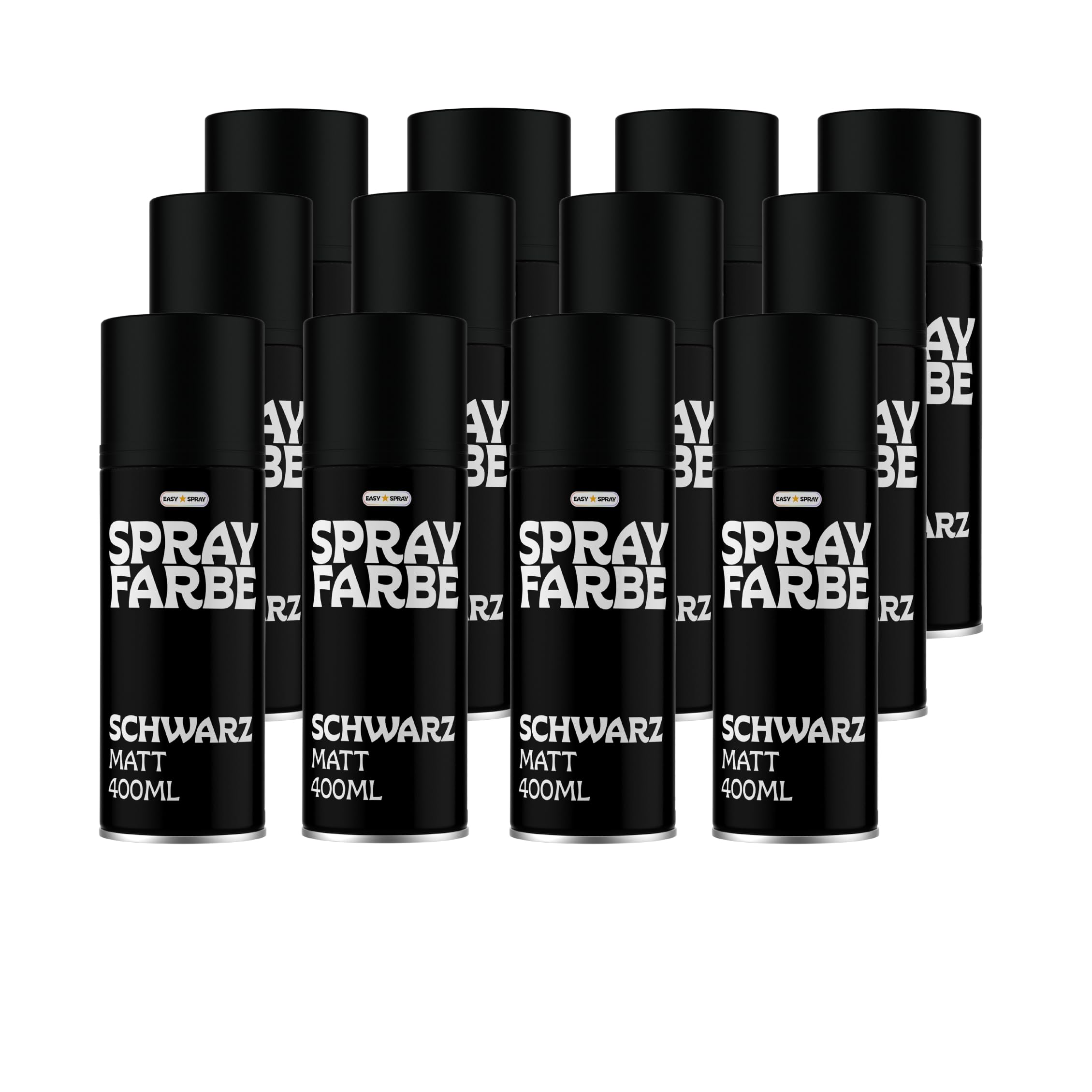 Sprühfarbe Schwarz Matt, 12er Set (12 x 400ml), Sprühlack für Holz, Metall, Glas, Karton, Innen & Außen, schnelltrocknend