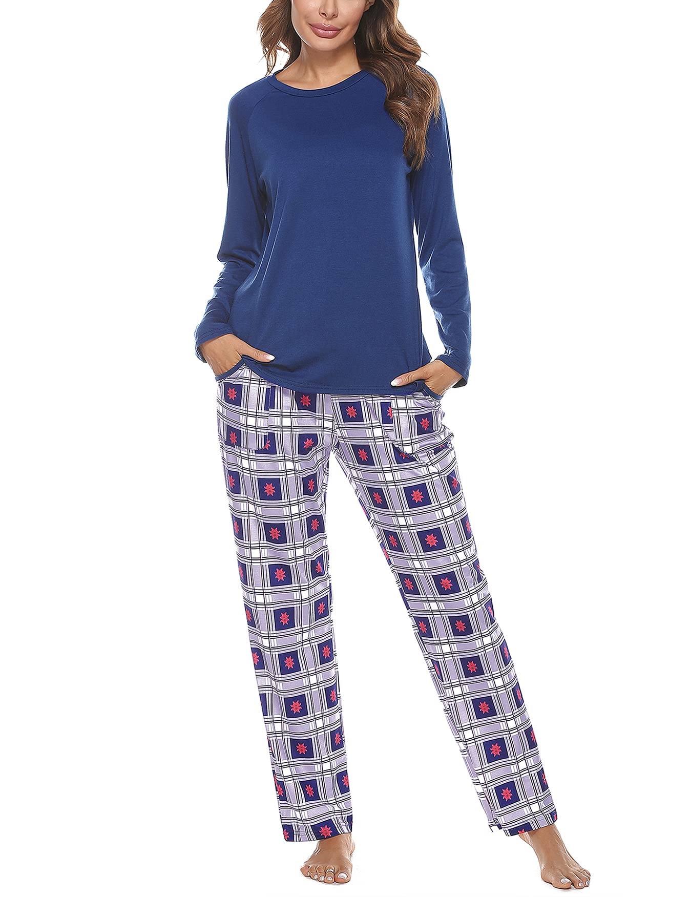 Uniexcosm Pigiama Donna, Pigiama a Quadri Donna Lungo Pigiama da Donna Cotone Leggero con Girocollo Pigiama 2 Pezzi Donna con Tasca Sciolto Accogliente per Casa e Casuale