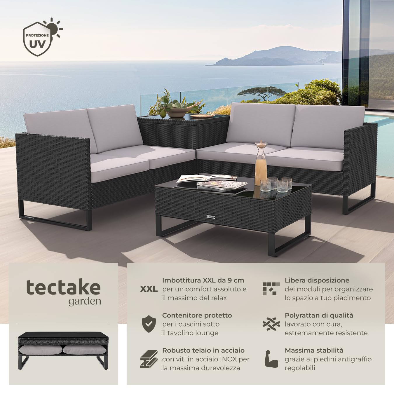 tectake® Salottino in Rattan Ostuni, Set da Giardino con 2 Sofà e 1 Tavolo con Lastra in Vetro, Box Contenitore, Cuscini Spessi, Telaio in Acciaio, Intreccio in Polyrattan - Nero