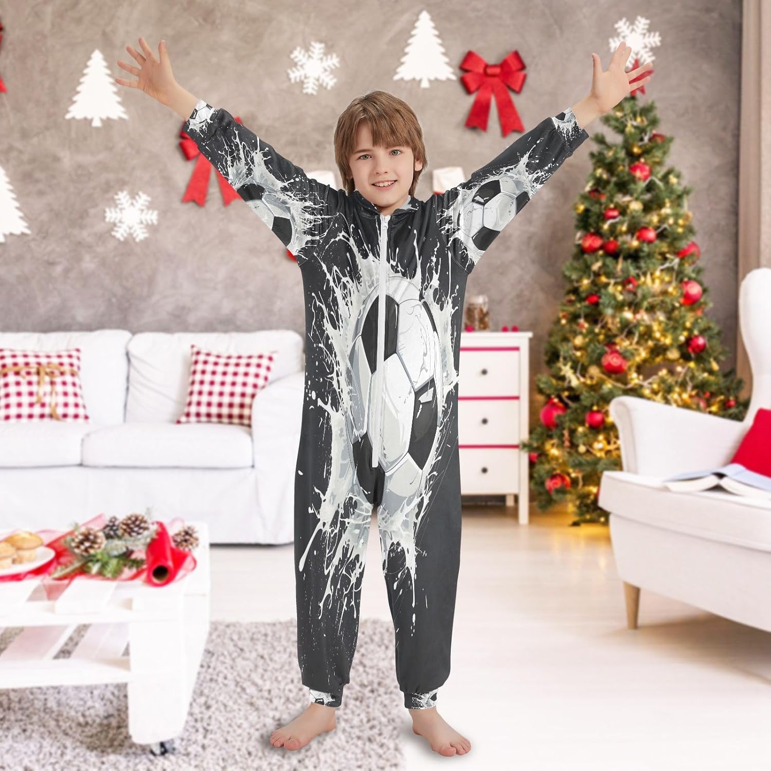 Soccer Ball Onesie Pajamas Zip Up One Piece Sleepwear Hooded Jumpsuits - Image 6