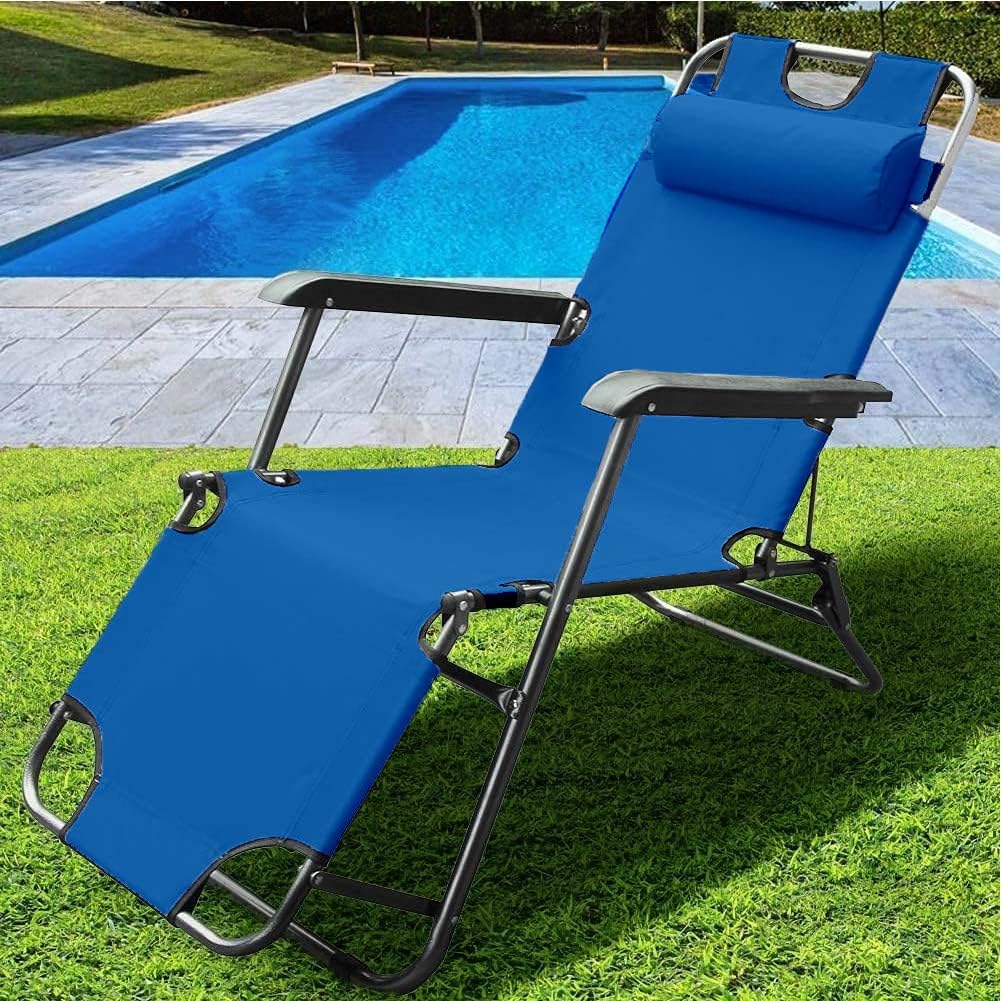 BAKAJI Sedia Sdraio Reclinabile in Lettino Prendisole Esterno Giardino Poltrona Relax Pieghevole in Metallo e Tessuto Oxford Traspirante con Poggiatesta Imbottito Terrazzo Piscina Spiaggia (Blue)