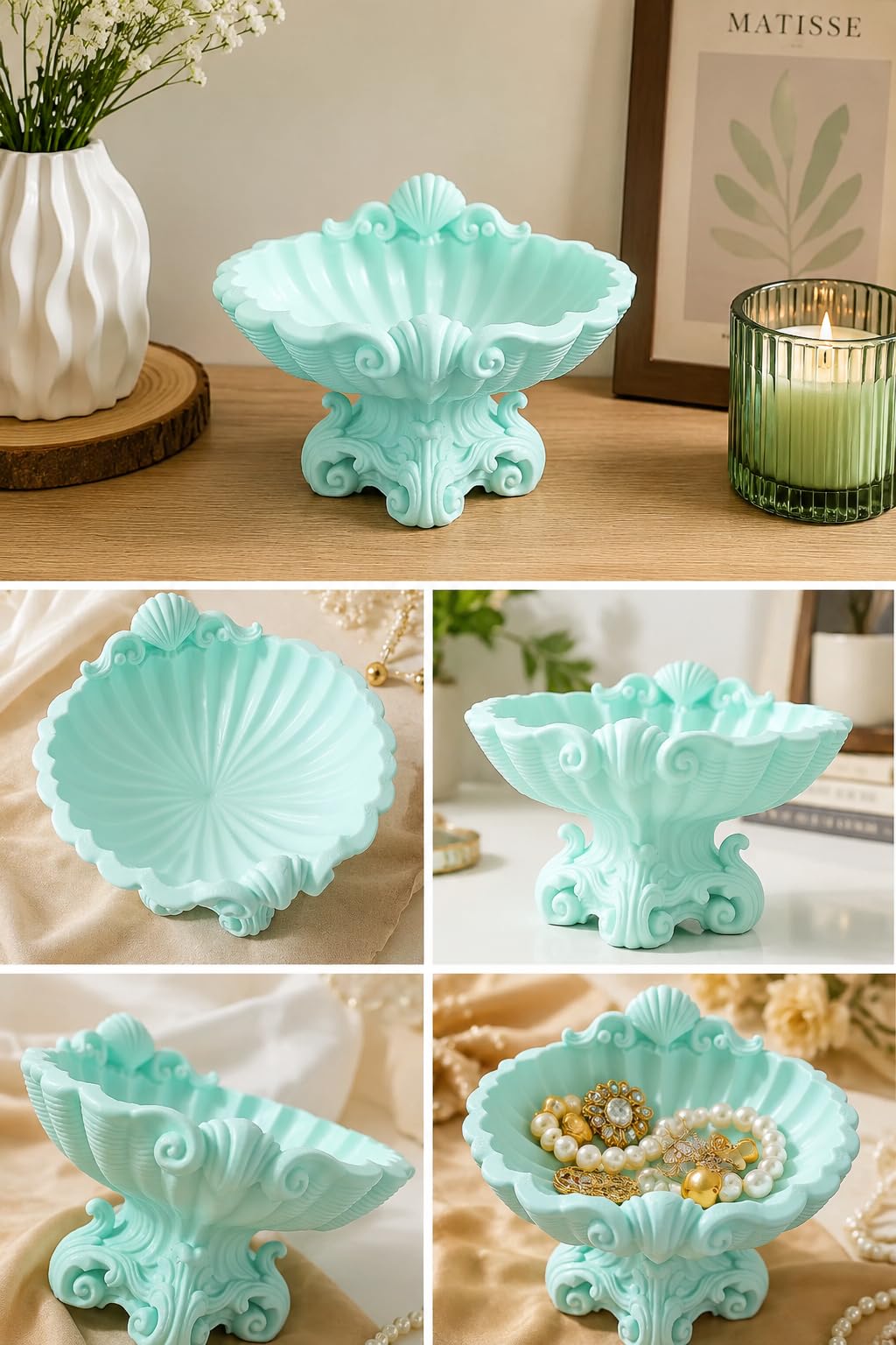 Premium Decorative Shell Bowl with Ornate Pedestal Stand | Luxury Jewelry Holder | Seashell Trinket Dish | Vanity Organizer | Home Decor Accent | Gift for Women, Housewarming & Festive Decor-picture-15