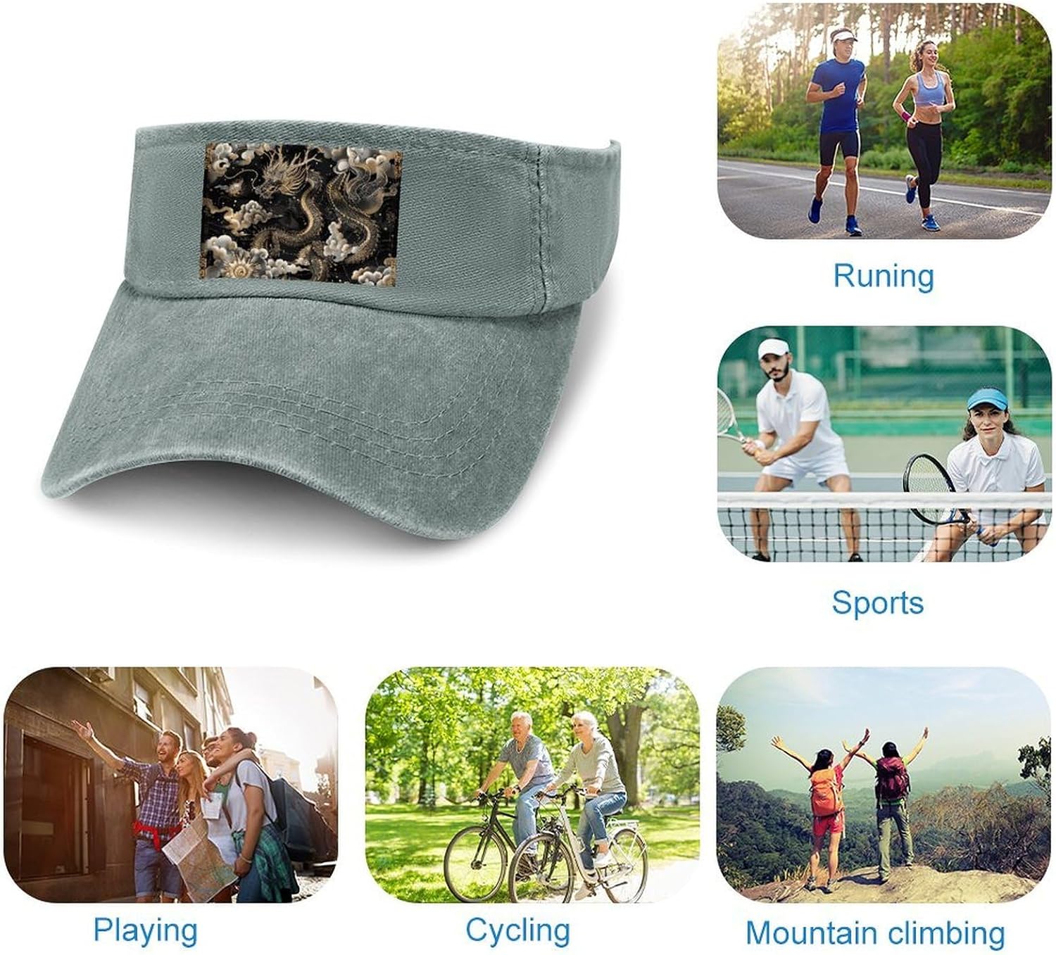 Sport Sun Visor Hats Adjustable Black Chinese Dragon Empty Top Baseball Cap for Women and Men Outdoor Activities