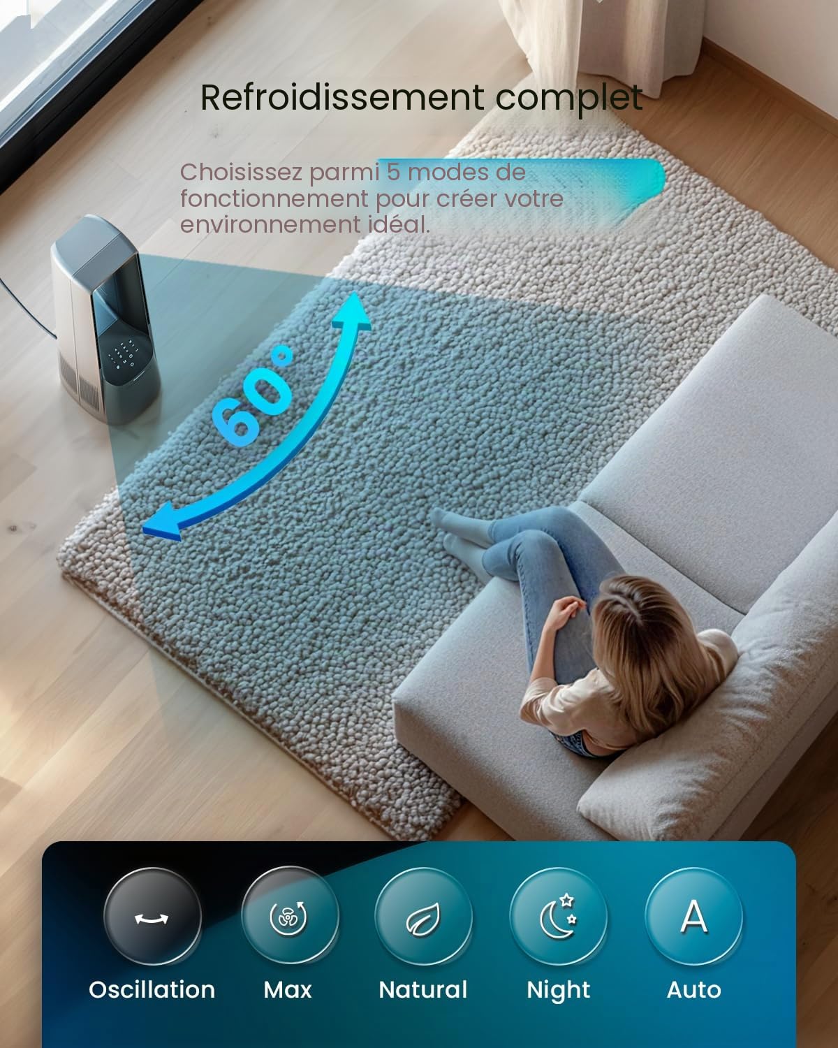 Pro Breeze Ventilateur Colonne Sans Pale - Ventilateur Tour Silencieux, Hauteur 101 cm avec 6 Vitesses, Oscillation 60°, Ventilateur Sans Lame Rafraichisseur d'Air Bladeless - Argentée