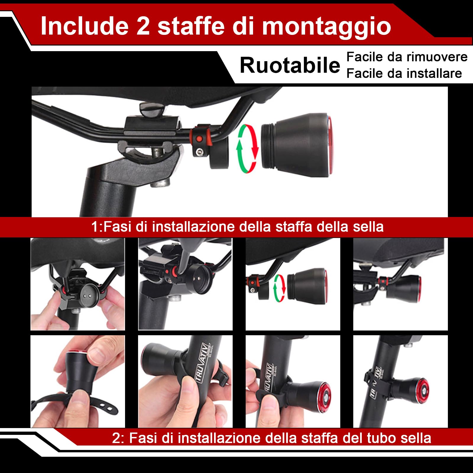 Luce Posteriore Bici Intelligente con Sensore di Frenata, Fanale Bici USB Ricaricabile Impermeabile IP65, 22 LED COB Rosso, 3 Modalità Illuminazione, Batteria 400mAh, Montaggio Universale