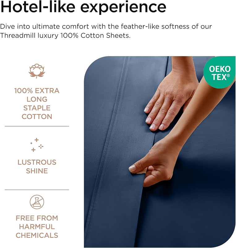 Threadmill Luxury 800 Thread Count Twin 100% Cotton Sheets - Folkstone Blue Sateen Weave Bed-Sheets, Better Than Egyptian Cotton,3 Pc Solid Soft Bedding Set, Fits 15" Deep Pocket image 3