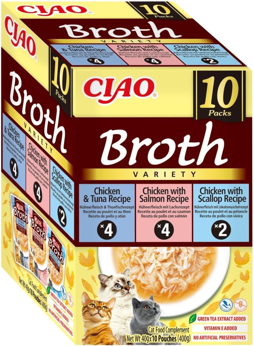 Ciao Broth by INABA Wet Cat Food - Chicken & Seafood Variety Pack (400g total) / Delicious & Healthy Snack, Food Topper, Side Dish, Complement, Natural, Grain Free, Wet Cat Food