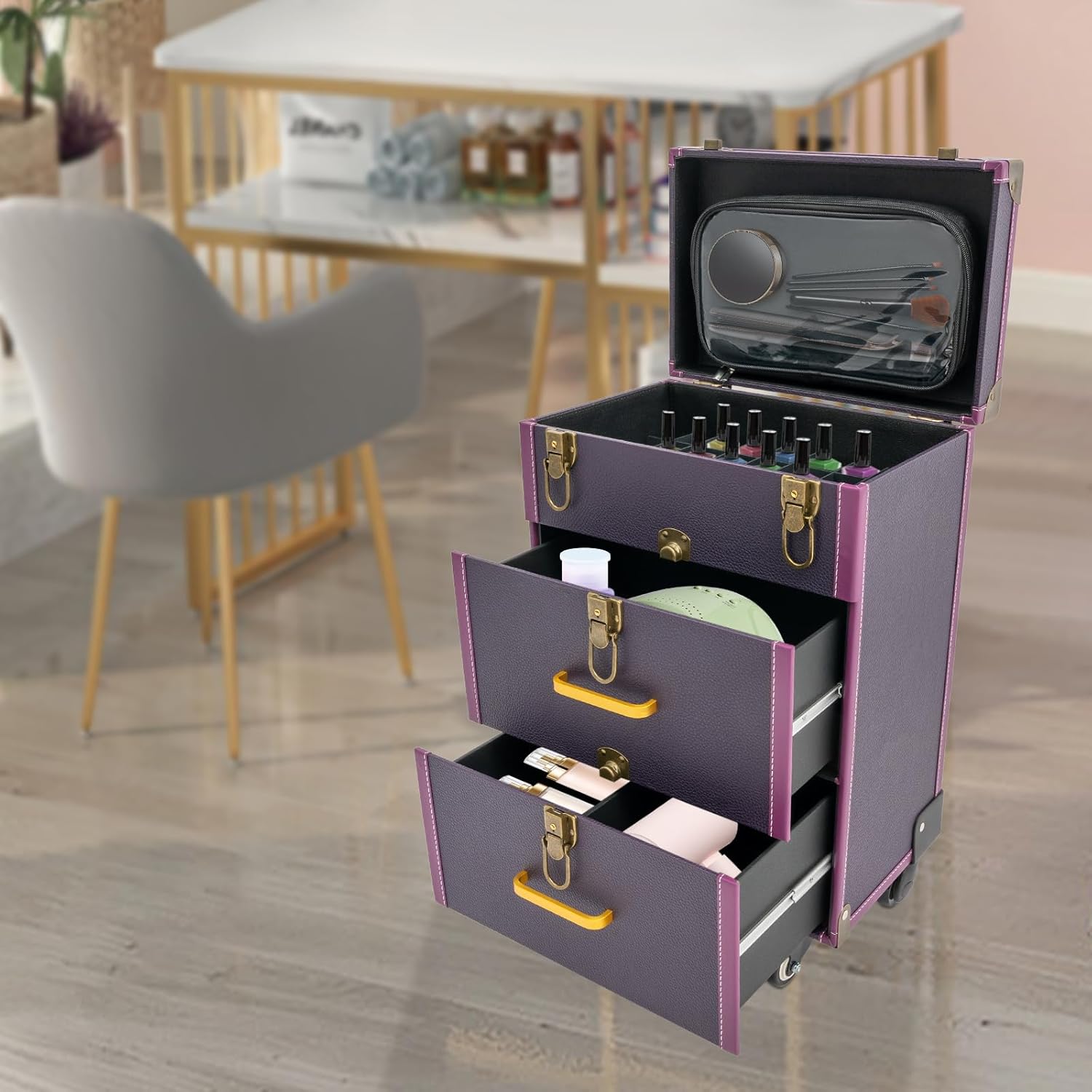 Rolling Makeup Case Large Capacity Cosmetic Case Trolley Hand-held/Hand-pulled Make Up Organizer Box Suitcase Cosmetic Trolley Makeup Suitcase W/Lock & Silent Universal Wheels (Purple Bronze)