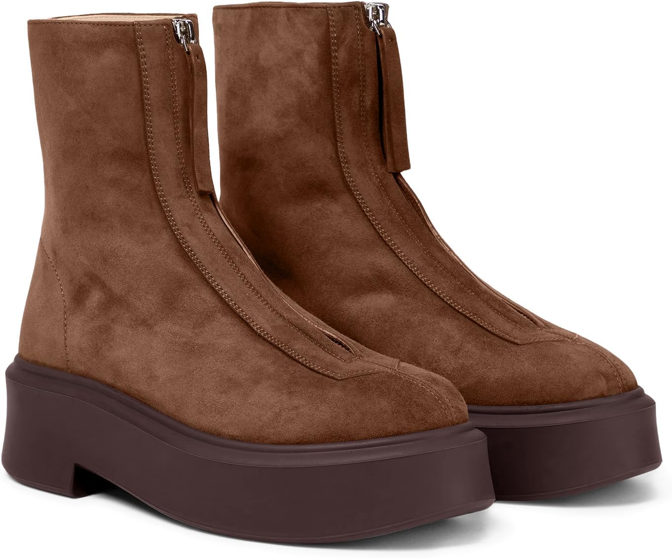 Coutgo Womens Front Zip Ankle Boots Comfortable Platform Flat Chunky Heel Booties Round Toe Casual Winter Snow Boots