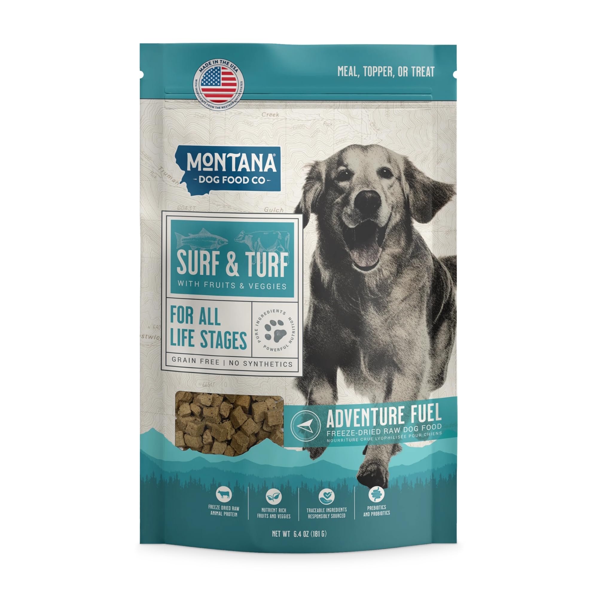 MONTANA DOG FOOD CO. Freeze Dried Raw Dog Food – Grain-Free, High-Protein Meal, Topper &amp; Training Reward for All Life Stages – Made in USA with USA-Sourced Beef &amp; Trout – Surf &amp; Turf Recipe,6.4 oz Bag