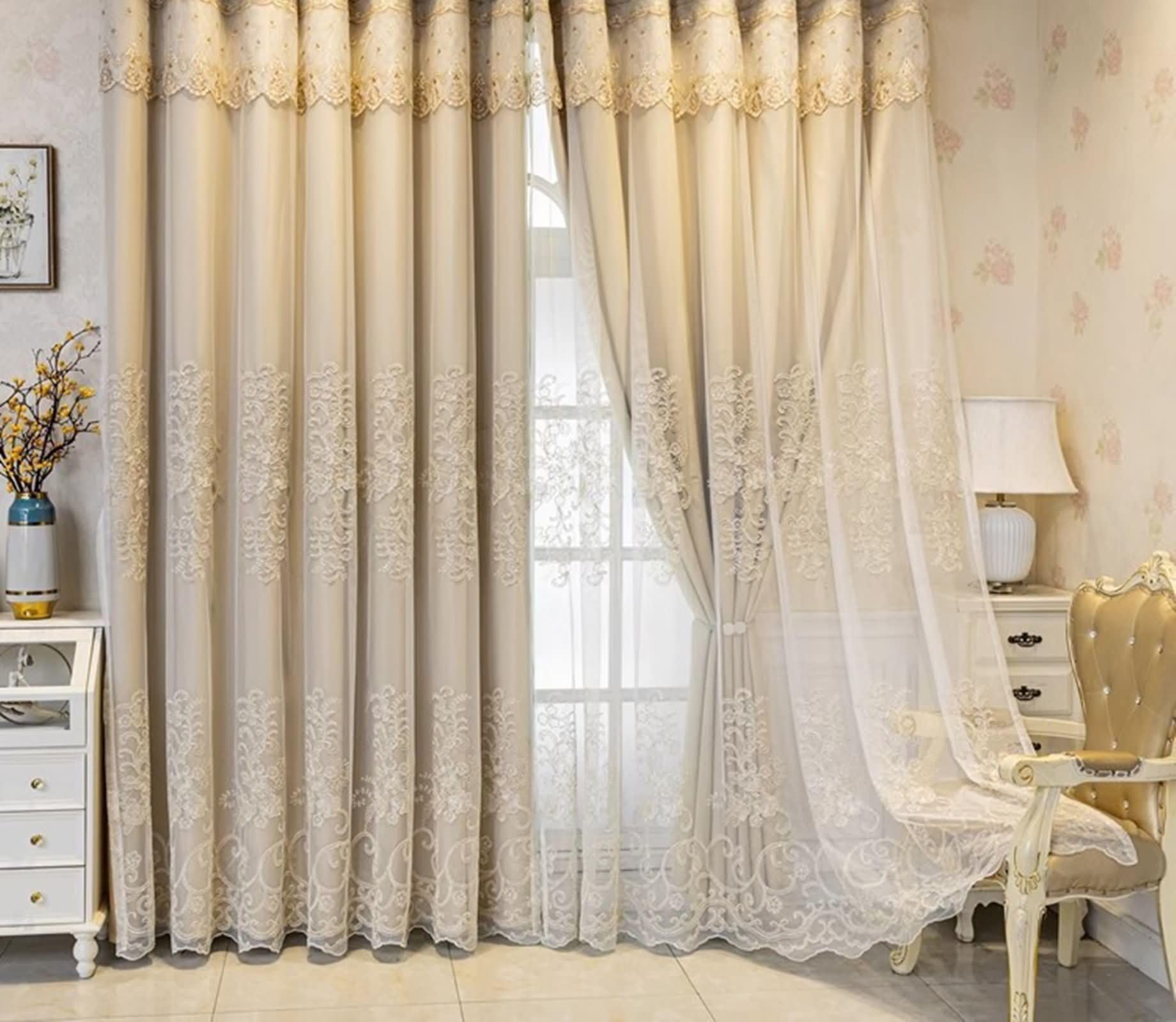 Tende Interno con Ganci, 2 x 102W x 183H CM,Tende da Interno Oscuranti Due Pannelli Doppio Strato con Modello Pizzo Ricamo Tenda Beige Cachi Chiaro Cameretta Bambini