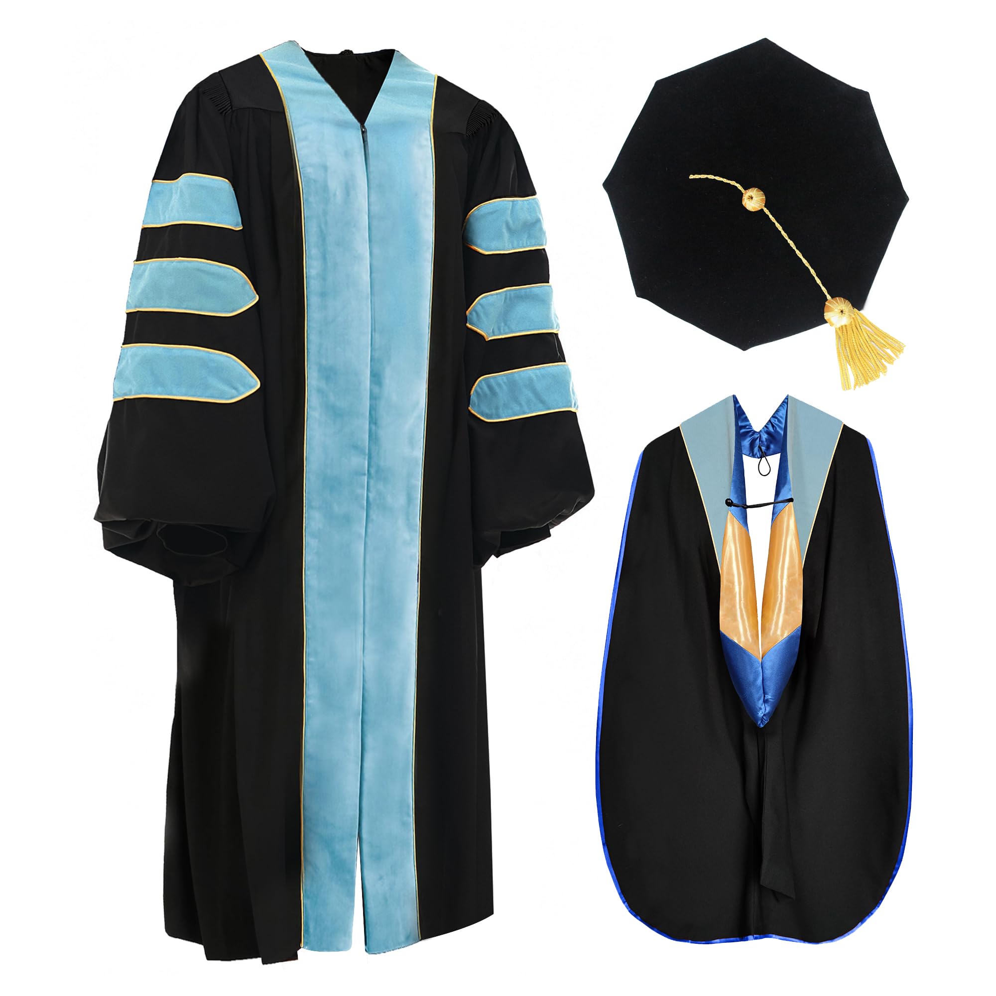 Misscom Unisex Deluxe Doctoral Graduation Gown Tam Hood with Gold Piping Doctoral Regalia