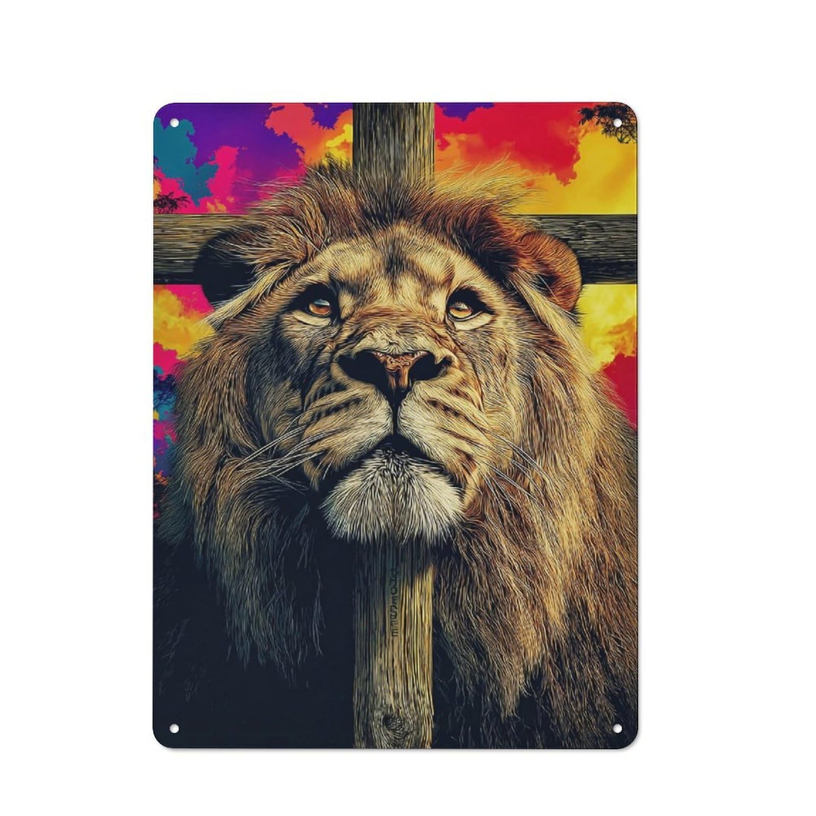 Retro Colorful Lion Portrait with Cross Vintage Metal Sign 40x30cm, Small Space Decor for Hallway, Home Bar, Garage Or Study