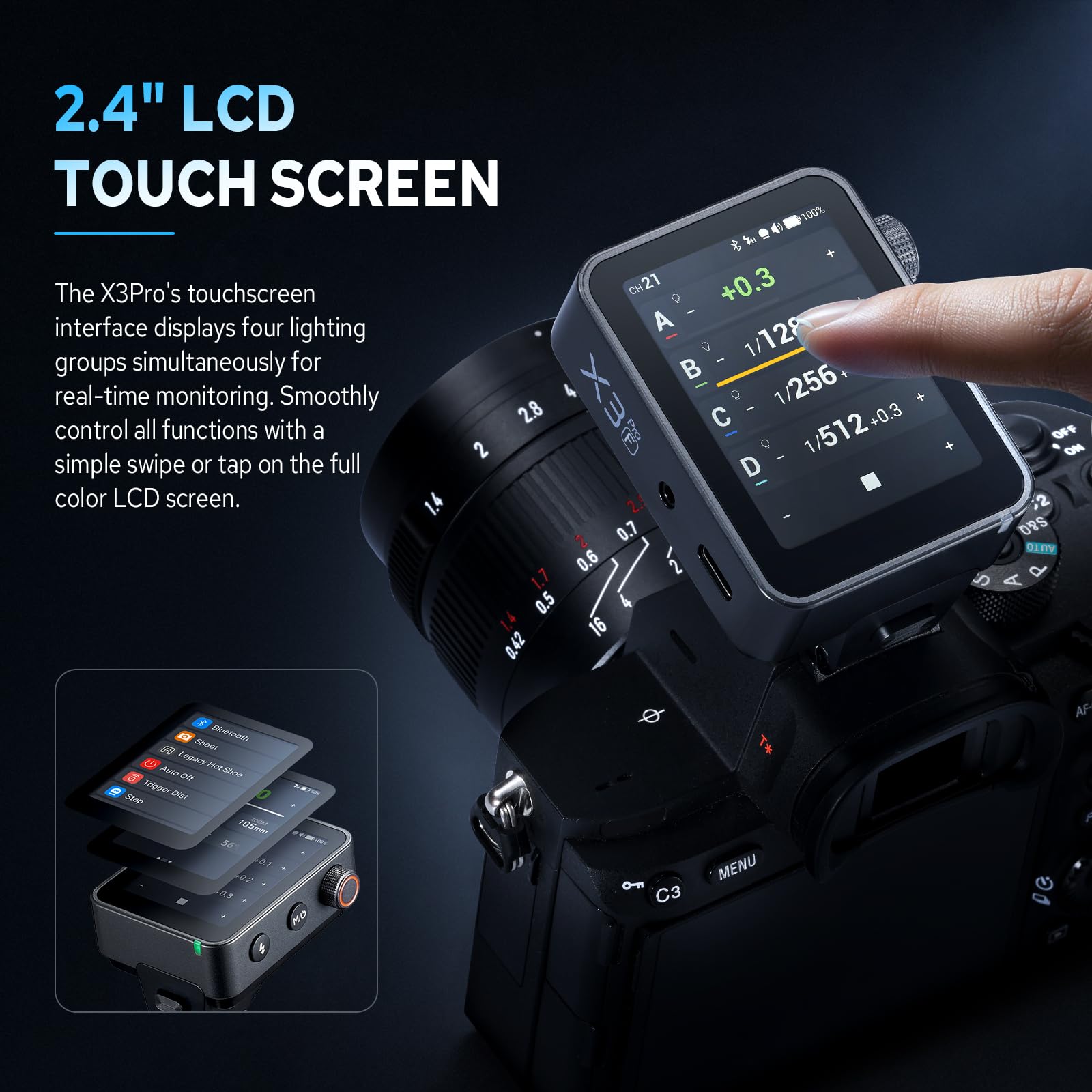 Godox X3Pro F TTL Wireless Blitzauslöser mit HSS Display für Fuji, TCM (Auto/Manuell/Mehrere Modi) Bluetooth Integration und APP Steuerung Wireless Speedlight Transmitter