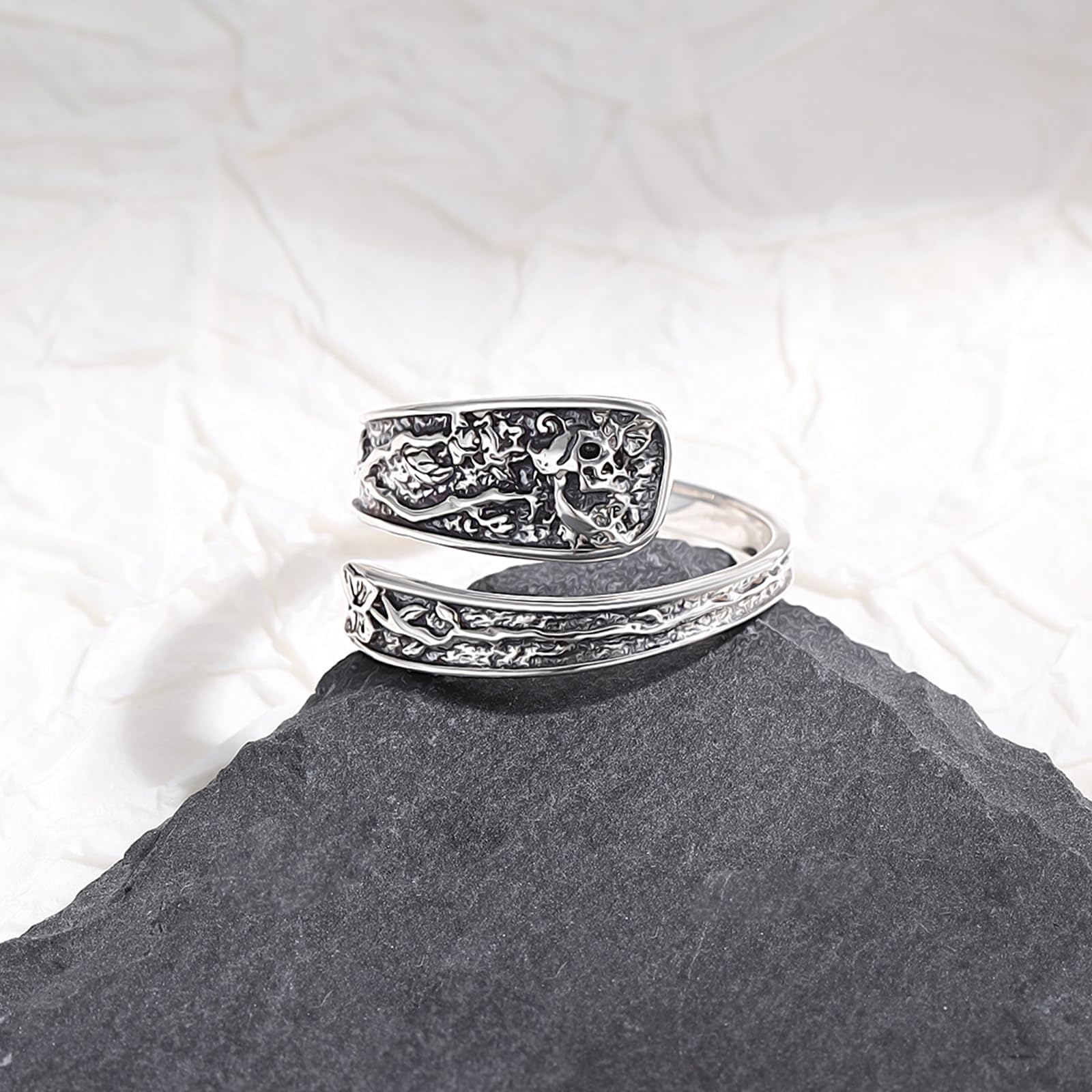 Anillo de calavera abierto de plata de ley 925, anillo de calavera ajustable, anillos góticos Y2K, joyas góticas, regalos de cumpleaños para hombres y mujeres, Plata de ley, Sin piedras