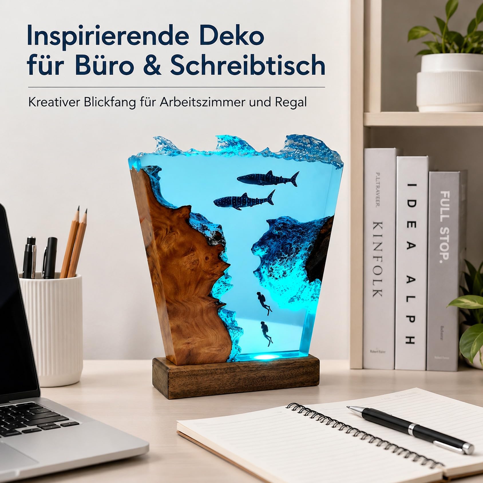 Drawelry 3D Meer Wal Hai Harz Nachtlichter Unterwasser Ornamente (E3) | Holzsockel, USB-Kabel, Ozean Szene, Epoxidharz Lampe,Heim Büro Deko,Weihnachten Geburtstag Geschenke
