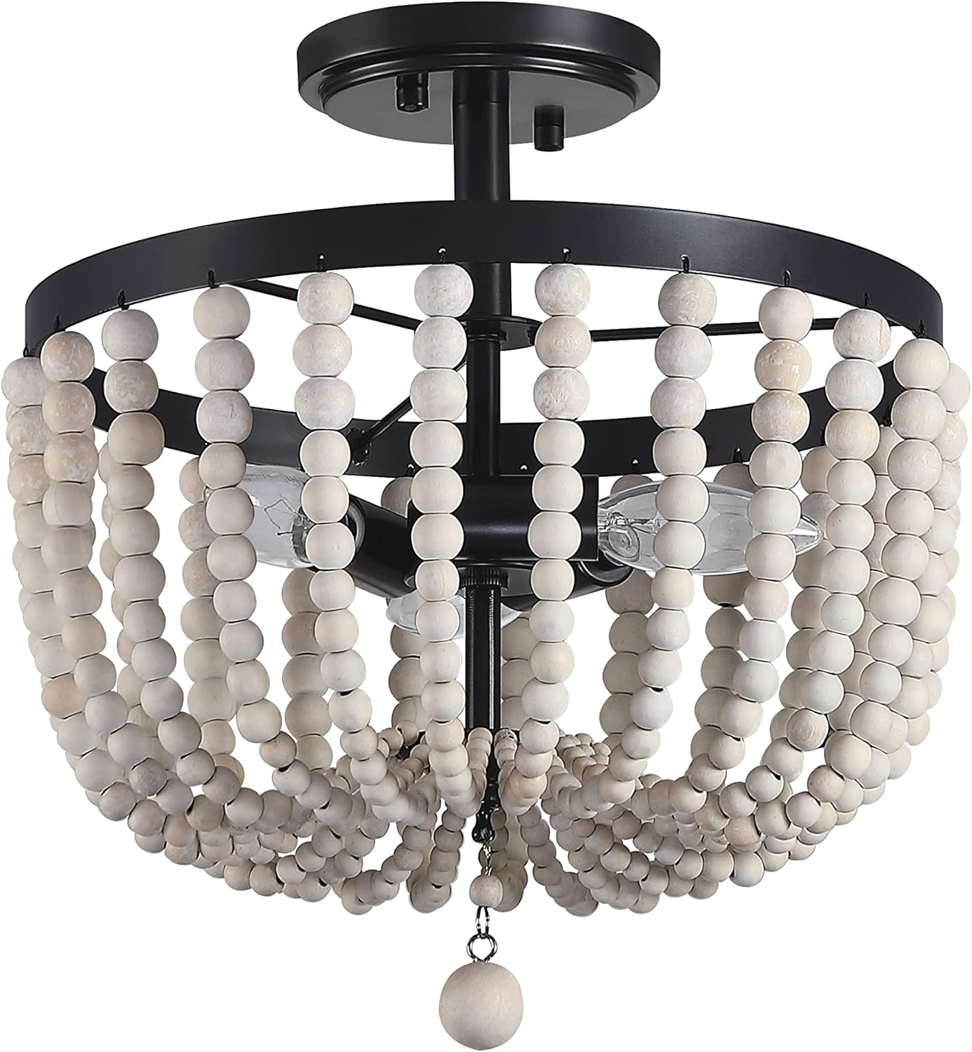 3 Light Pendant Light Nature Wood Beaded Boho Chandelier Semi Flush Mount Ceiling Light Fixtures for Hallway Baby's Nursery Bedroom Kitchen Living Room (Plating Black) D12*H10.5 Inch