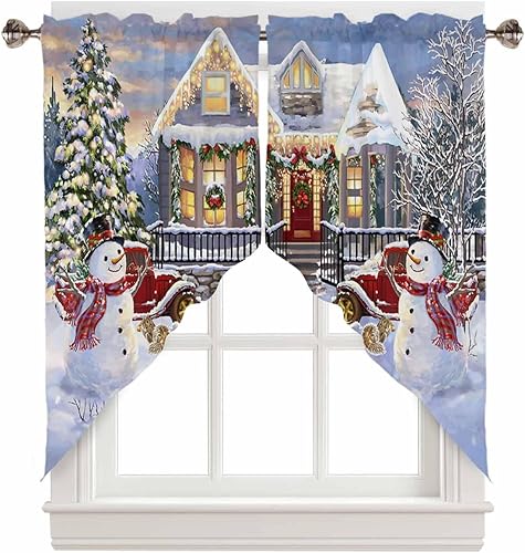 ALAGEO Cortina de Navidad con diseño de árbol de Navidad, muñeco de nieve para ventana de cocina, camión rojo, para decoración de baño, sala de
