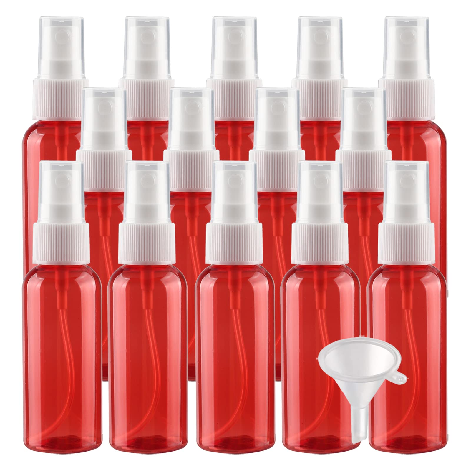 100 Stück Leer Klein 50ml Rot Plastik PET Sprühflasche Reise Zerstäuber mit Weiß Sprühkopf Nebel Reiseflaschen Parfümzerstäuber für Kosmetik Parfüm mit 4X Trichter