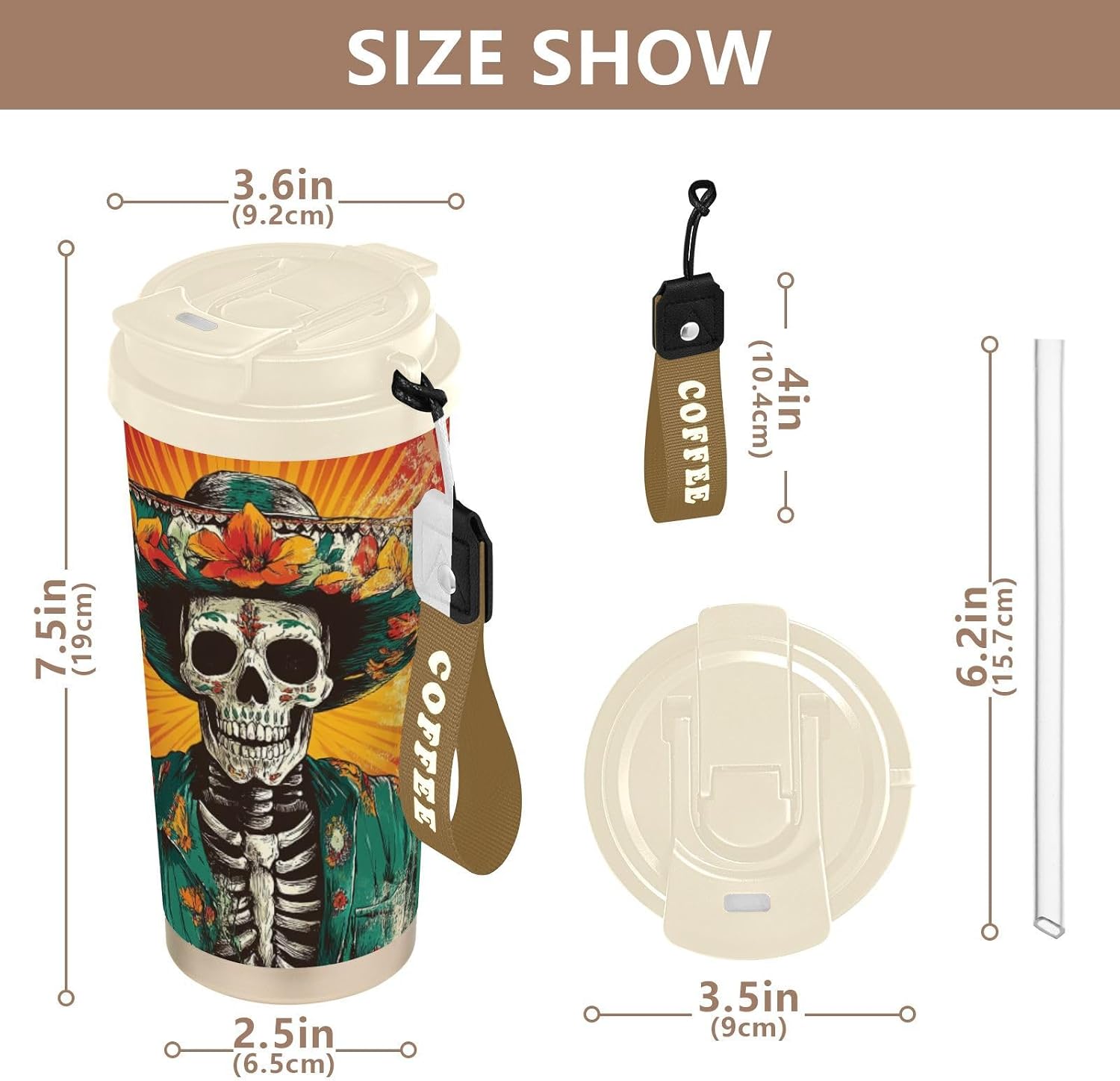 Insulated Coffee Mug Mexican Skeleton with Straw & Flip Lid, 16.9oz Iced Tumbler Cup, Double Wall Vacuum Mug for Travel Office Camping