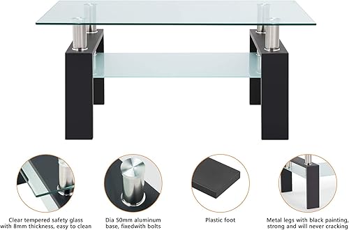 Miniatura 23 de Mesa de centro de vidrio templado para muebles de sala de estar (todo negro) Todo negro,Negro,Lift Top Negro,Nogal