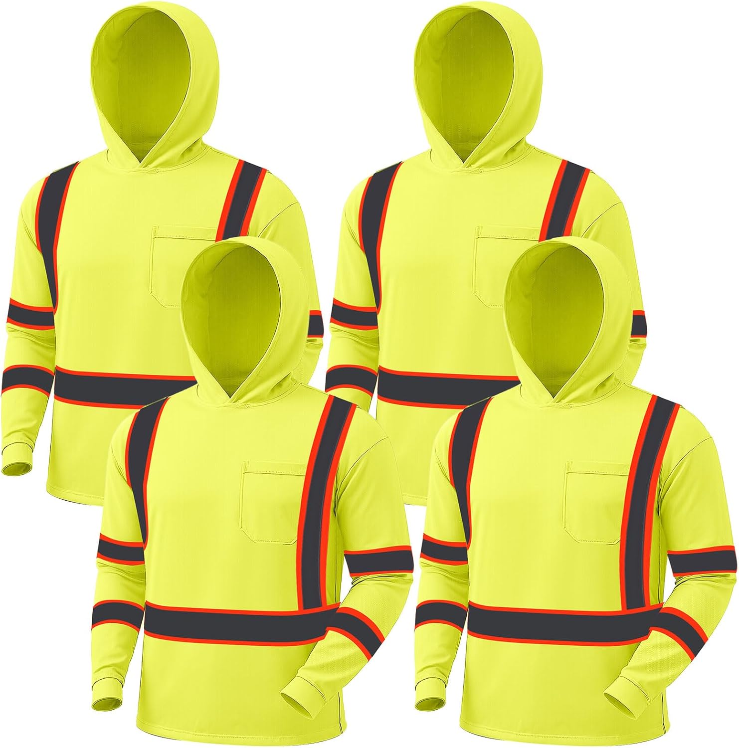 Chicingyou 4 Pcs Long Sleeve Safety Shirt with Hood Reflective High Visibility Work Shirts Sun Protection Construction for Men Women, Class 3 (XL, Yellow)