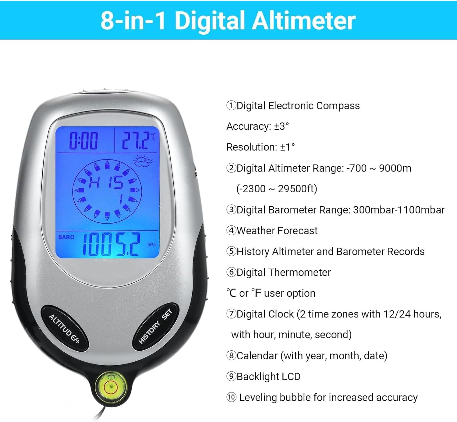 Multifunctional Electronic Altimeter, Digital Compass Altimeter, with Super Bright Backlight, Weather Forecast, Barometer Thermometer Hygrometer, for Outdoor Sports Mountain Climbing