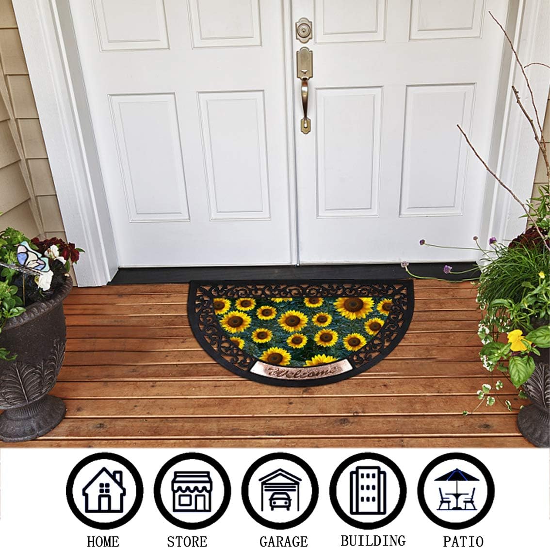 Half Round Fall Welcome Doormat Door Mat for Entry Home Patio Garden - Decorative Rubber Floor Mat Durable Entrance Rug Indoor Outdoor (Sunflower)