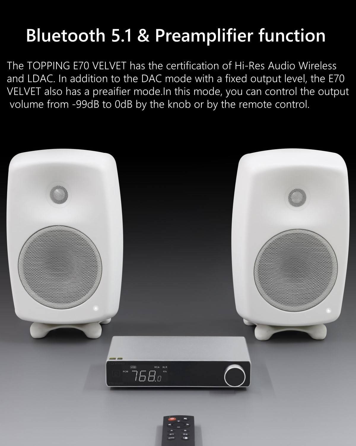 TOPPING E70 Velvet - High-Performance DAC with AK4499EX, Bluetooth 5.1 LDAC, Ultra-Low THD+N, Selectable Output Levels, USB Support DSD512 & PCM768kHz, Coaxial/Optical Inputs (Black)