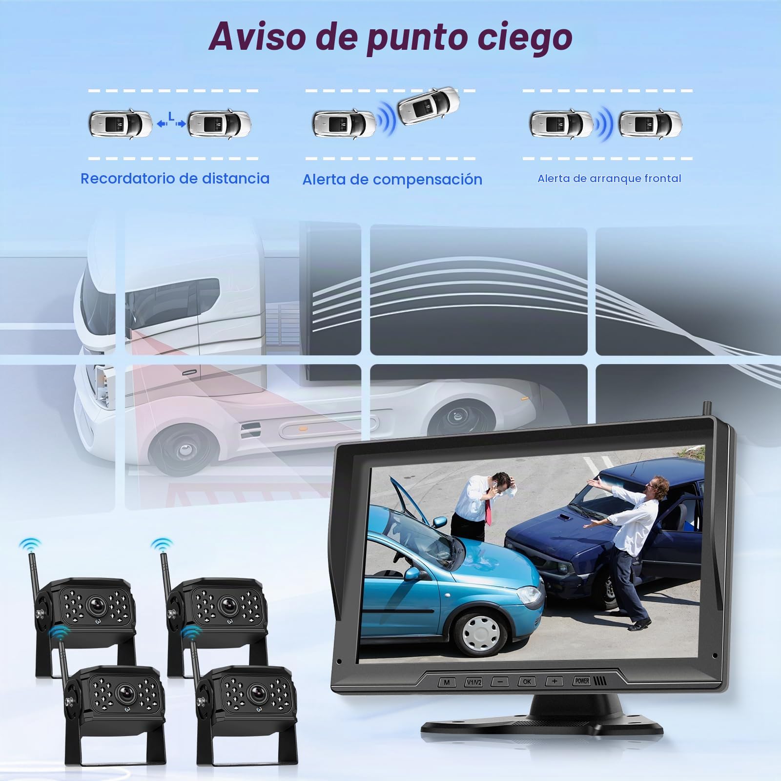 Cámara de Marcha Atrás Inalámbrica Kit, Pantalla Táctil de 10.1 Pulgadas, 4 Cámara de Visión Trasera con IP68 Impermeable,Visión Nocturna, BSD para Camiones,Remolques,Camionetas,Furgonetas Autobuses.