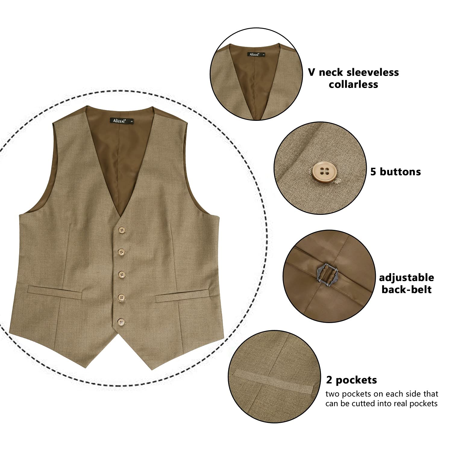 Alizeal Gilet de costume pour hommes de couleur classique, coupe normale