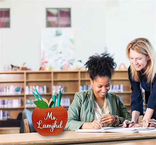 Miniatura 3 de Soporte de bolígrafo personalizado para escritorio, lindo soporte de madera para lápices para profesores, organizador de escritorio de regreso a