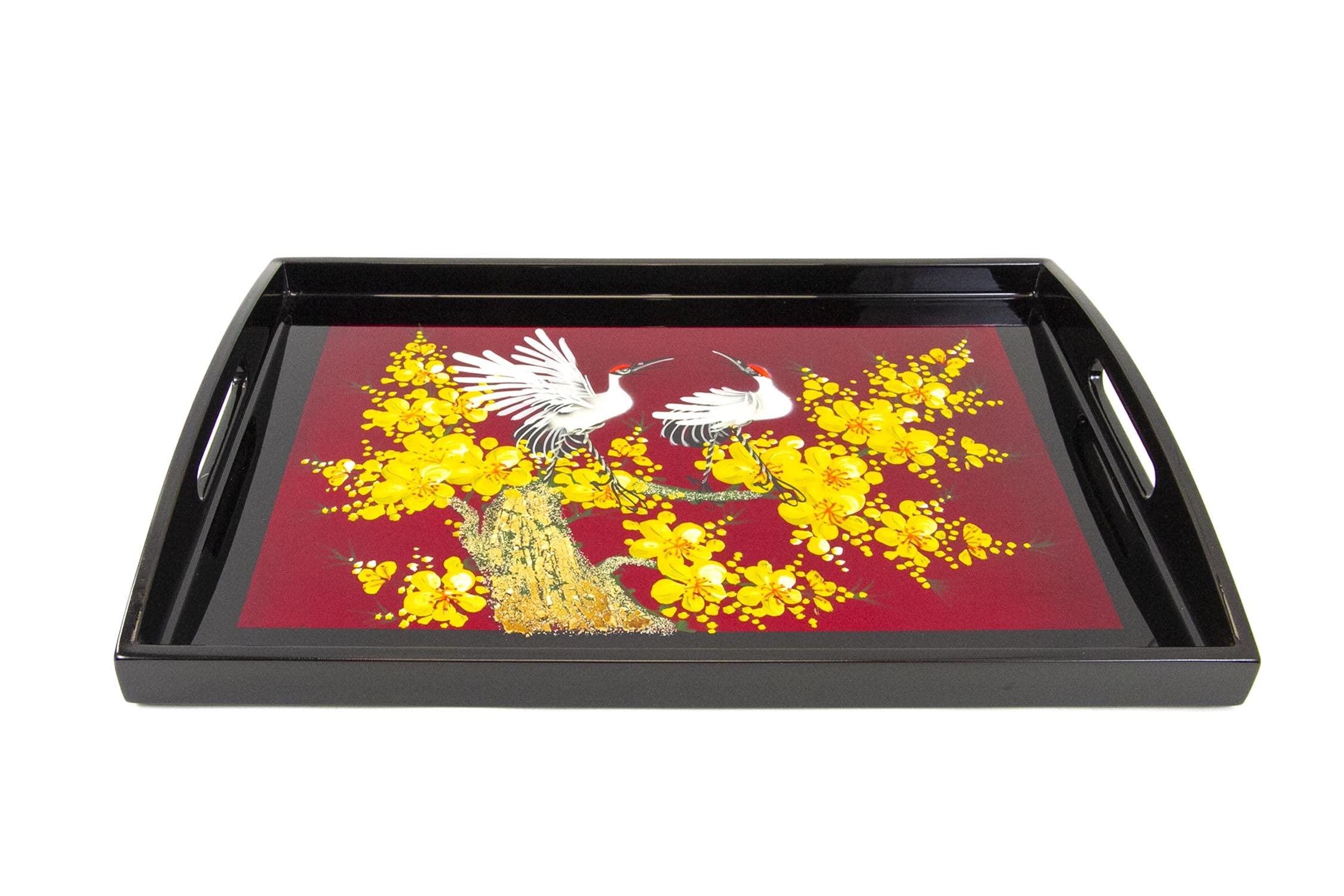 Plateau en Bois Laqué Rouge et Noir “Grues et Fleurs de Cerisier”, Fait Main, L39 x 28cm - Plateau de Service avec Poignée - Artisanat du Vietnam et Déco Asiatique (S39-4959-39)