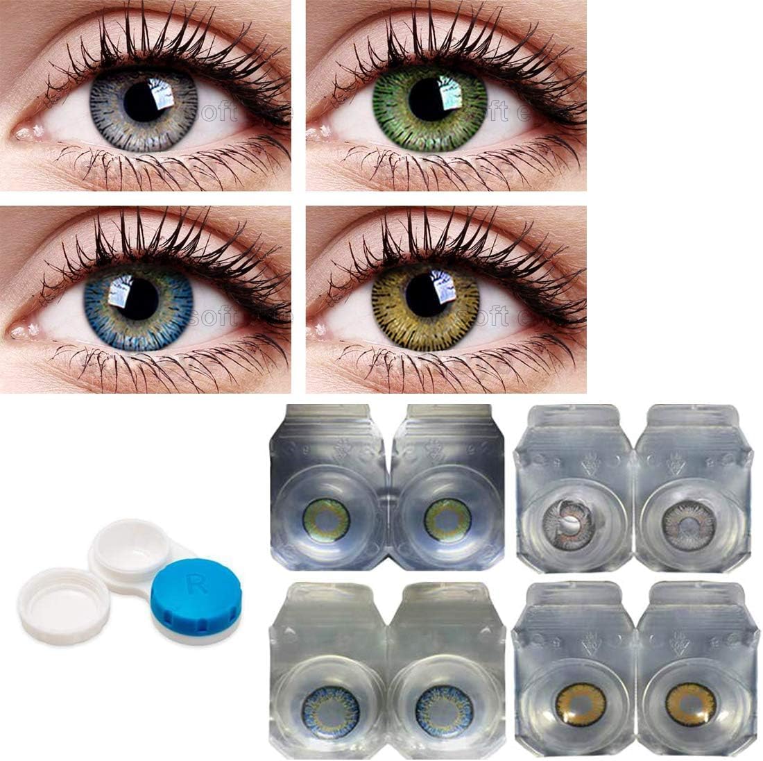SOFT EYE Zero Power Lenses with Case & Solution (Combo Pack of 4 Pairs, Green, Grey, Blue & Hazel)