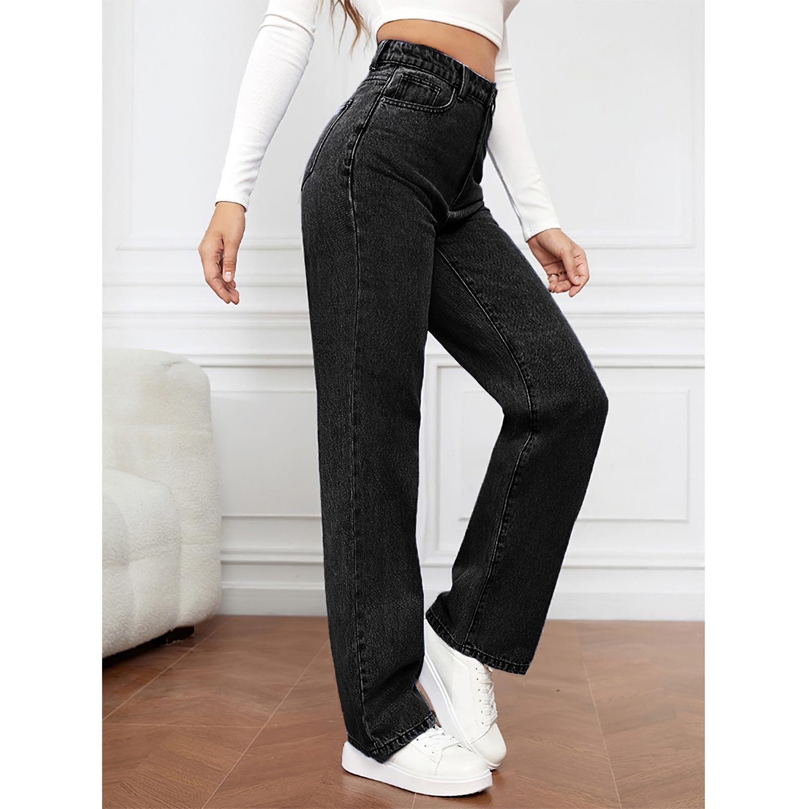 Donna Jeans a Gamba Dritta a Vita Alta Pantaloni Denim Casual a Gamba Larga