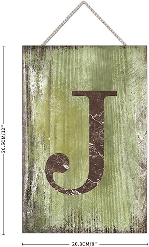 Vista 2 de Letrero colgante de madera con letra J, letrero de madera para decoración del hogar, 26 letras del alfabeto de metal, placa de madera, decoración