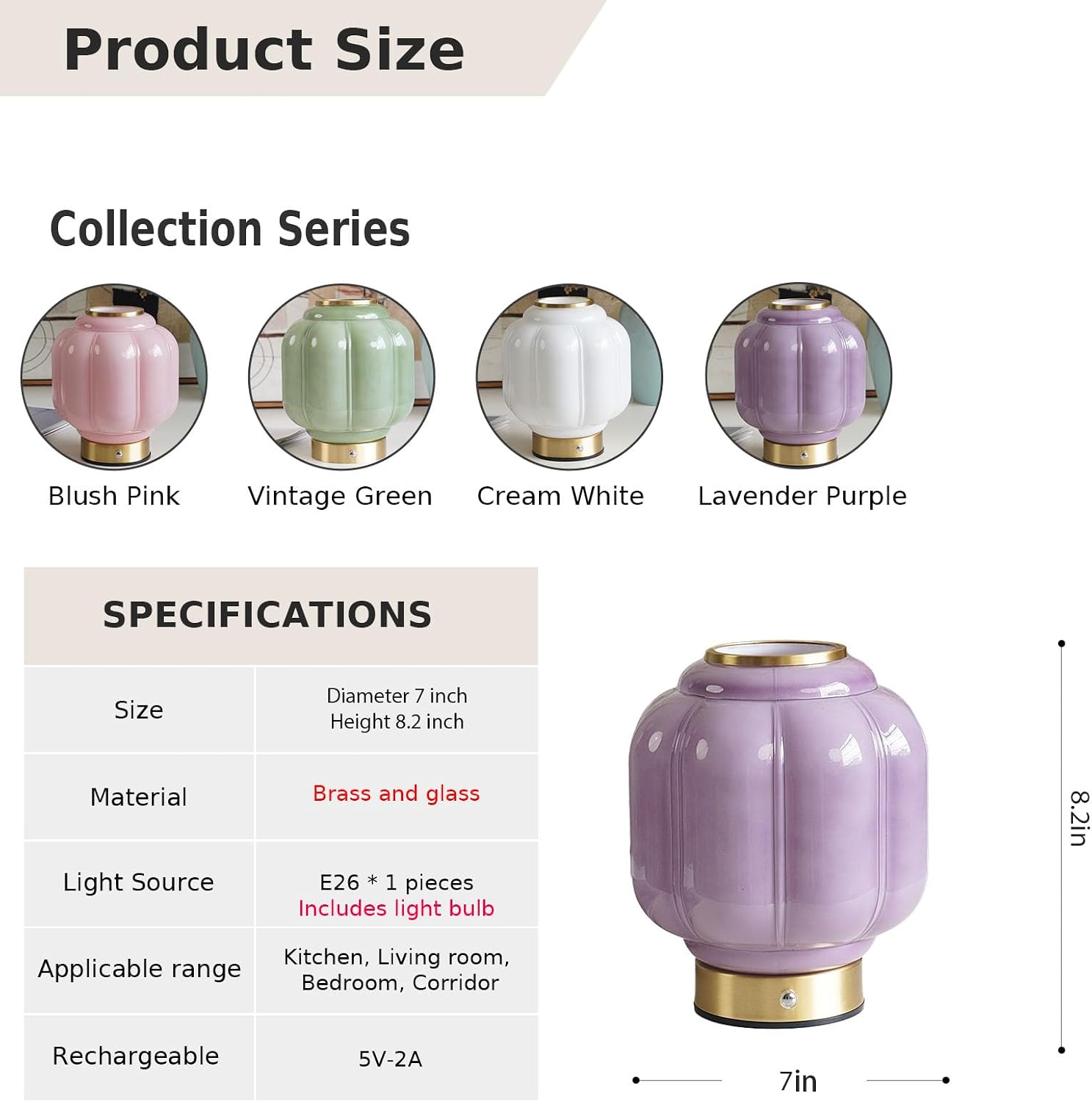 Mushroom Lamp, Cordless Rechargeable Table Lamp with Brass Base & Purple Glass Shade, 4W Dimmable Bedside Table Lamp, Small Vintage Desk Light for Mid Century Modern Home Decor (Purple)