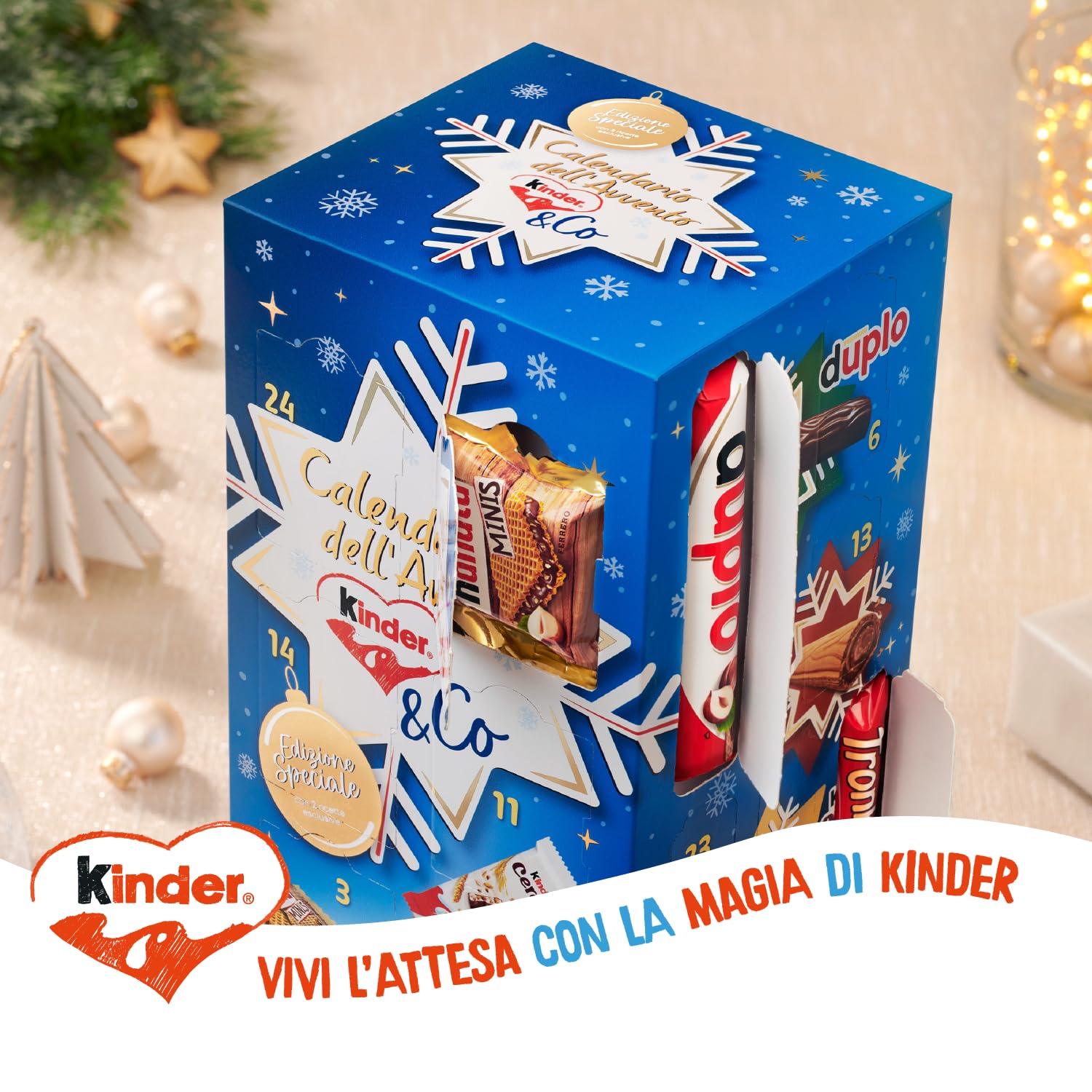 Kinder & Co - Calendario Avvento 2025, 24 Cioccolatini e Snack Assortiti Kinder & Ferrero, Edizione con Due Ricette Speciali, Idea Regalo, Confezione da 295 gr