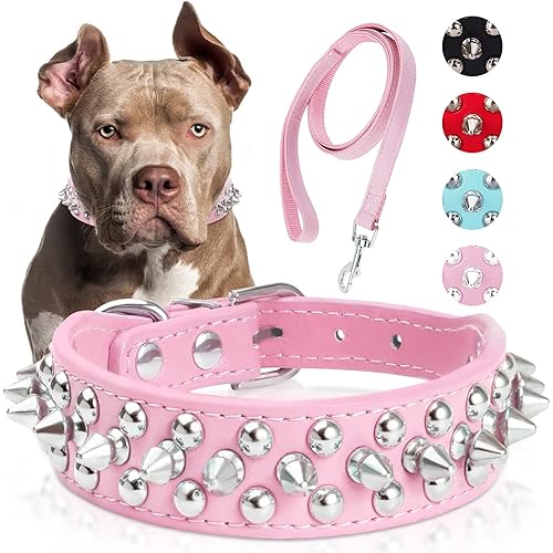 Dog Collars for Medium Dogs with Leash, Epesiri Spiked Dog Collar for Large Dogs, Girl Pink Dog Collar, Studded Rivet Pit Bull Leather Dog Collar Durable Cat Collar for Small Medium Large Pet Gift