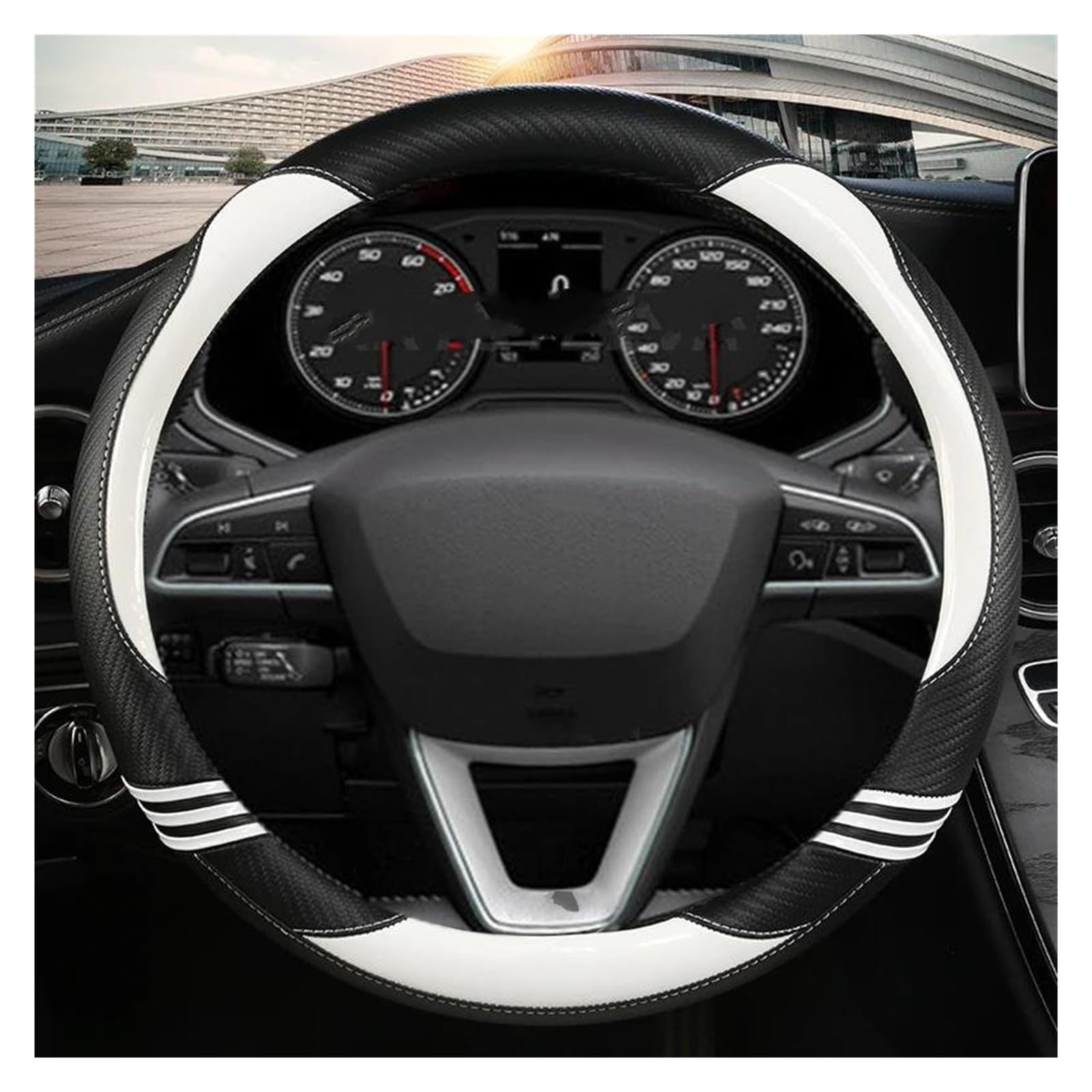 Pokrowiec na kierownicę samochodową 38 cm z mikrofibry z efektem skóry, pasuje do Seat Leon 5F Mk3 2013-2022, Ibiza 6J 2022 i Tarraco. Niebieski pokrowiec na kierownicę