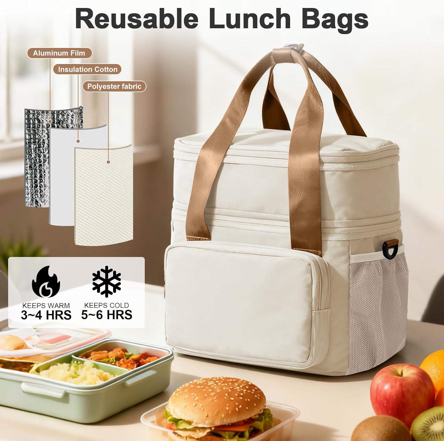 Expandable Adult Lunch Box for Women Men, Double Compartment Insulated Lunch Bag, Leakproof Thermal Cooler Bag with Shoulder Strap for Work, Office, Travel, Picnic - Image 5