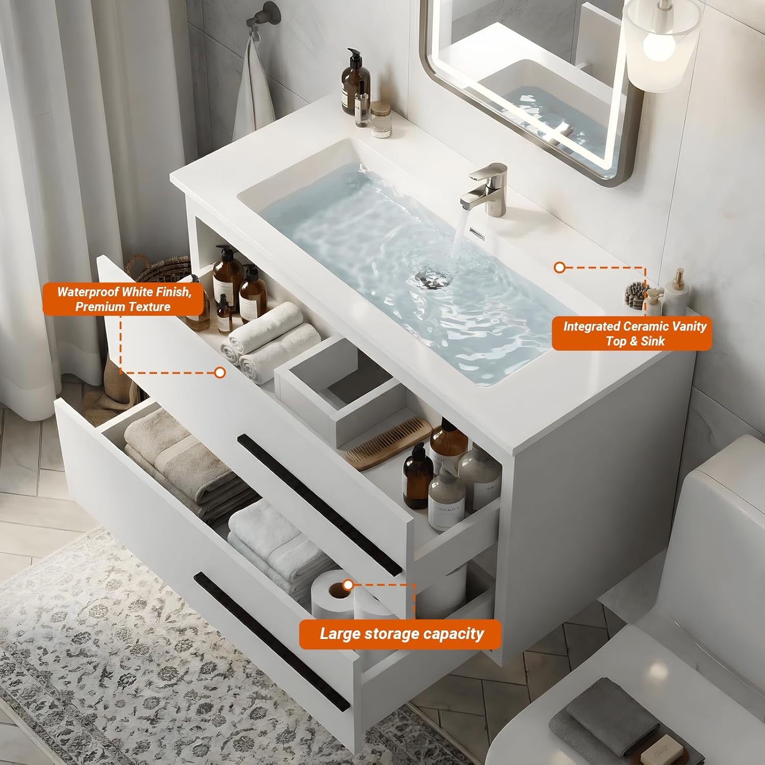 30 Inch Bathroom Vanity with Sink, Modern Floating Wall Mounted Cabinet, White High Gloss PVC Finish, Soft Close Drawers & Ceramic Top for Small Space (Right-Hand Pull Handle, 30")